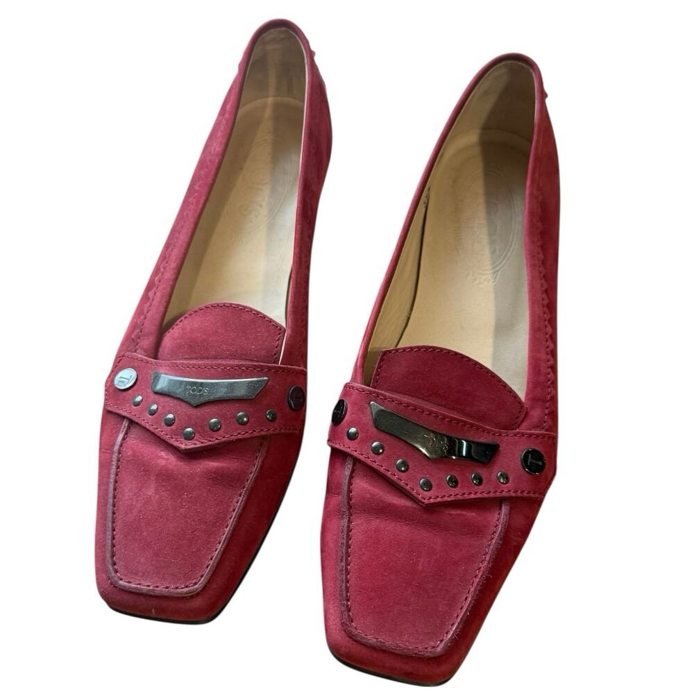 Tod’s Red Suede Studded Heel Accent Flats - 39.5